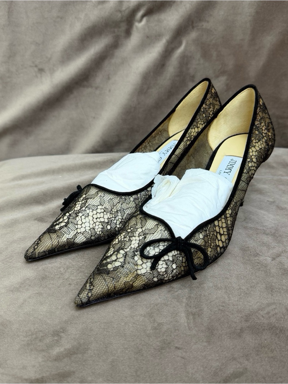Jimmy Choo Black Lace Pointed Toe Bow Pumps